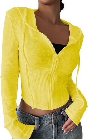 GORGLITTER Women's Cropped Zip Up Hoodie Lightweight Long Sleeve Rib Knit Slim Crop Jacket Fall Trendy 2025 in Saudi Arabia
