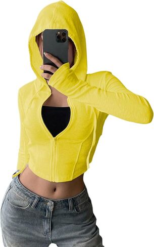 GORGLITTER Women's Cropped Zip Up Hoodie Lightweight Long Sleeve Rib Knit Slim Crop Jacket Fall Trendy 2025 in Saudi Arabia