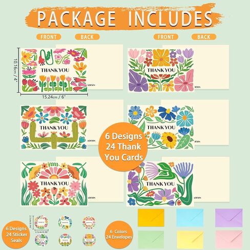 24 حزمة شكرا لك بطاقات مع الأظرف والملصقات ، 6x4in ​​الذهب رقائق الرقائق بطاقة Splash Sky Sky Note لعيد الميلاد ، الأعمال ، حفل زفاف ، الذكرى السنوية للموظفين ، 8 تصميمات الغلاف in Kuwait