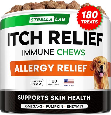 STRELLALAB Dog Allergy Relief & Anti Itch Support Chews w/Omega 3: Real Ingredients, Real Taste! Skin & Coat Immune Supplement w/Fish Oil, Pumpkin & Enzymes - Made in USA - 240 Chews in Saudi Arabia