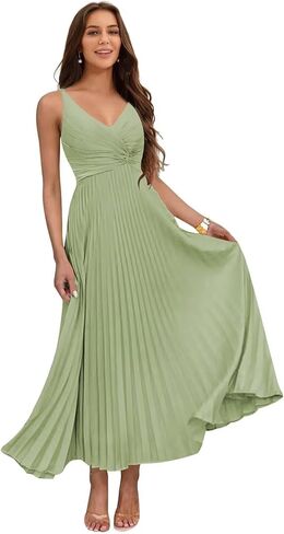 Women's V Neck Pleated Satin Bridesmaid Dresses Long Maxi Formal Evening Dress VS219 in Kuwait