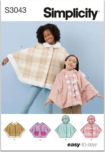 Simplicity SS3043K5 Girls' Unlined Ponchos Sewing Pattern Packet, Design Code S3043, Sizes 7-8-10-12-14, Multicolor in Saudi Arabia