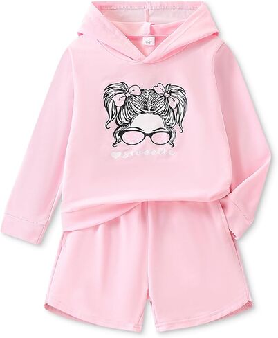 Size 6-12 Years Girl's 2 Piece Outfits Casual Crew Neck Long Sleeve Sweatshirt & Shorts LoungetSets in Kuwait