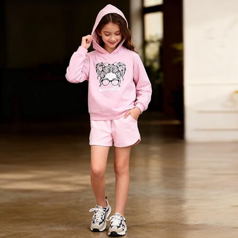 Size 6-12 Years Girl's 2 Piece Outfits Casual Crew Neck Long Sleeve Sweatshirt & Shorts LoungetSets in Kuwait