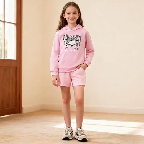 Size 6-12 Years Girl's 2 Piece Outfits Casual Crew Neck Long Sleeve Sweatshirt & Shorts LoungetSets in Kuwait