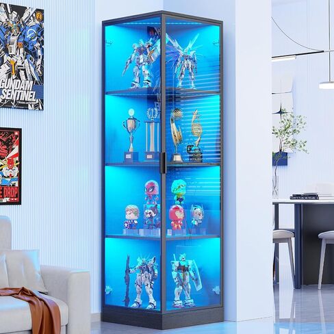 Kingsize Corner Display Cabinet with Doors (18.9" W), 4-Tier Display Case, Curio Cabinet for Collectibles, Toys, Books, Corner Shelf&Bookcase with 3 Color Lights, Black in Kuwait