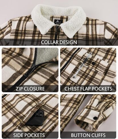 Zity Mens Flannel Jacket Lapel zip up fleece fleece plaid sherpa coated coat in Saudi Arabia