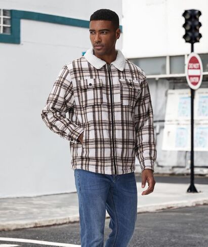 Zity Mens Flannel Jacket Lapel zip up fleece fleece plaid sherpa coated coat in Saudi Arabia