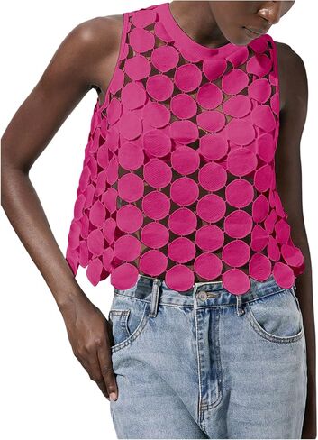 SHENHE Women's Asymmetrical Vest Top See Through Circular Embroidered Crew Neck Sleeveless Vest Crop Top in Saudi Arabia