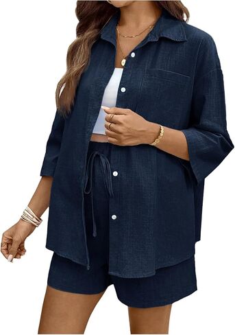 MakeMeChic Women's Maternity 2 Piece Sets Long Sleeve Button Down Shirts and High Waist Shorts Set in Saudi Arabia
