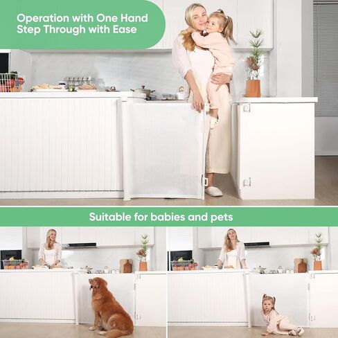 بوابة أطفال قابلة للسحب من Likzest، شبكة وبوابة للحيوانات الأليفة بطول 33 بوصة، تمتد حتى عرض 55 بوصة، بوابات أمان للأطفال لممرات مداخل السلالم، للكلاب والقطط في الأماكن المغلقة والخارجية (أبيض)، 6*18، SH20.006DC in Kuwait