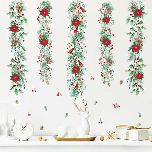 Christmas Garlands Wall Stickers Christmas Pine Cones Red Berry Vine Wall Decals Hanging Poinsettia Green Leaves Flower Window Decals for Xmas Winter Party Home Office Classroom Festival Decoration in Saudi Arabia