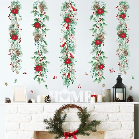 Christmas Garlands Wall Stickers Christmas Pine Cones Red Berry Vine Wall Decals Hanging Poinsettia Green Leaves Flower Window Decals for Xmas Winter Party Home Office Classroom Festival Decoration in Saudi Arabia