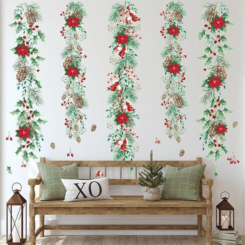 Christmas Garlands Wall Stickers Christmas Pine Cones Red Berry Vine Wall Decals Hanging Poinsettia Green Leaves Flower Window Decals for Xmas Winter Party Home Office Classroom Festival Decoration in Saudi Arabia
