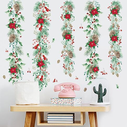 Christmas Garlands Wall Stickers Christmas Pine Cones Red Berry Vine Wall Decals Hanging Poinsettia Green Leaves Flower Window Decals for Xmas Winter Party Home Office Classroom Festival Decoration in Saudi Arabia