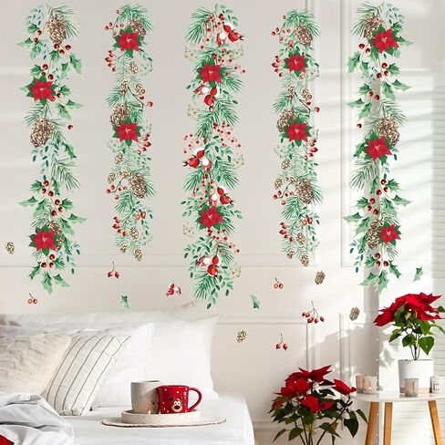 Christmas Garlands Wall Stickers Christmas Pine Cones Red Berry Vine Wall Decals Hanging Poinsettia Green Leaves Flower Window Decals for Xmas Winter Party Home Office Classroom Festival Decoration in Saudi Arabia