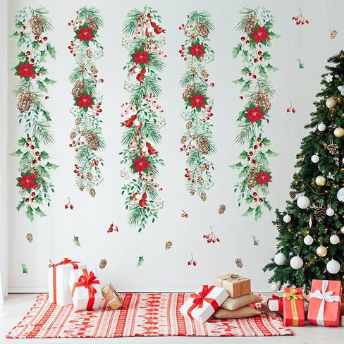Christmas Garlands Wall Stickers Christmas Pine Cones Red Berry Vine Wall Decals Hanging Poinsettia Green Leaves Flower Window Decals for Xmas Winter Party Home Office Classroom Festival Decoration in Saudi Arabia