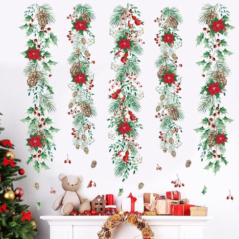 Christmas Garlands Wall Stickers Christmas Pine Cones Red Berry Vine Wall Decals Hanging Poinsettia Green Leaves Flower Window Decals for Xmas Winter Party Home Office Classroom Festival Decoration in Saudi Arabia