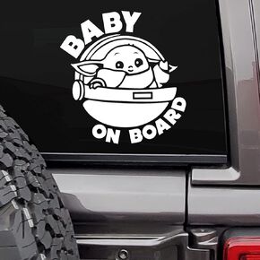 Baby On Board Sticker for car Baby Yoda Space Ship Decal Sticker Funny Sticker | Cars SUV Trucks Vans Walls Laptop Decal Vinyl Stickers | 6 X 5.8 Inch | White | MAZ-393