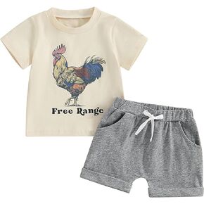 Xiaodriceee Toddler Baby Boy Summer Outfit Free Range Chicken Print Short Sleeve T-Shirt Shorts Set Farm Clothes