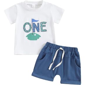 Pudcoco Toddler Baby Boys Girls Golf First Birthday Outfit Hole in One T-shirt and Shorts Set 1st Cake Smash Clothes