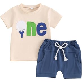 Pudcoco Toddler Baby Boys Girls Golf First Birthday Outfit Hole in One T-shirt and Shorts Set 1st Cake Smash Clothes