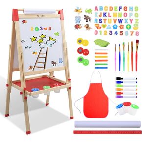 Skyelta Art Easel for Kids Ages 2-4 4-8 9-12,Double Sided Wooden Kids Easel Drawing Board with Magnetic Chalkboard,3-Level Height Adjustable,100+ Accessories,Gift & Art Supplies for Kids