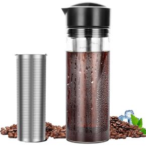 YMMIND 25oz Cold Brew Coffee Maker 4 Cup Capacity Tea Maker, Iced Coffee Pot, Cold Heat Resistant Borosilicate Glass Carafe, Stainless Steel Mesh Filter Basket and Black Freshness Lid