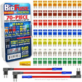 BioFuse 12 AWG Micro2 APT ATR 70 Piece Automotive Car Fuse Assortment and Holders Pack (3 Add-a-Circuit Fuse Tap Adapters, 70 Micro 2 Blade Fuses + Fuse Puller) 5A 7.5A 10A 15A 20A 25A 30A
