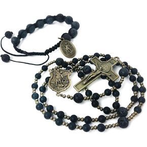 Catholic Heirlooms St. Michael Black Onyx 6mm and Lava Rock 8mm Stone Wire Rosary and 10mm Lava Rock Bracelet Set
