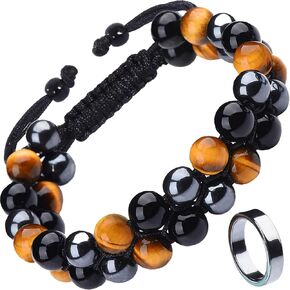 KINGLYGEM Healing Bracelets for Men Natural Stone Tigers Eye Black Obsidian Hematite Beads 8mm Braided Rope Adjustable Handmade Bracelet Gifts For Men Women