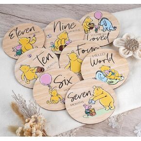 Winnie Baby Milestone Cards, Wooden Cirles Discs for Baby Photo Prop with Announcement & Hello World Sign - 8Pcs Double Sided Markers for Baby Shower Nursery Gift