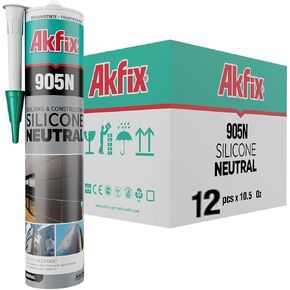 Akfix 918N سدادة سيليكون رمادية 100% للمطبخ والحمام (1x10.5 أونصة سائلة) - خالية من المذيبات، رائحة منخفضة، مقاومة للأشعة فوق البنفسجية والماء، معالجة سريعة، قابلة للطلاء، مانع تسرب سيليكون عالي المرونة | رمادي، 1 حزمة in Kuwait