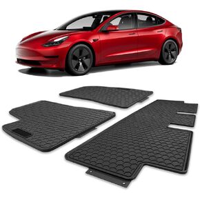 Spurtar for Tesla Model 3 Floor Mats 2017-2024, Car Floor Mats All Weather Automotive Floor Liner with 3D Extended Edge, 3 Pack Honeycomb Design Front & Rear Rubber All-Weather Protector, Black