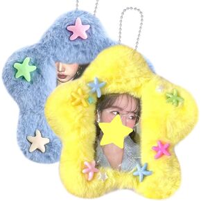 2 Pcs Star Photocard Holder Cute Plush Keychain Pendant 3 Inch Photo Card Holder Student Card Bag ID Card Case Photo Protective Sleeves ID Badge Holder (Blue and Yellow)