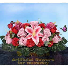 SUHOOKOO Handmade Cemetery Flowers for Grave Decor, Artificial Headstone Flower Saddle, Bright and Colorfast,Easy Fit, Tombstone Silk Pink Rose Lily/Red Carnation Tulip, 2 lovely butterflies included