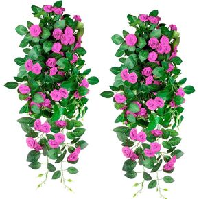 Artificial Hanging Flowers 2PCS UV Resistant Artificial Rose Wire Vine Hanging Plants for Indoor Outdoor Garden Porch Eave Balcony Wall Decor(Blue)