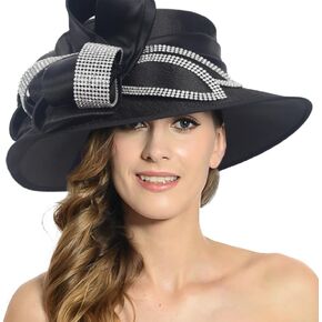 PGTEN Women Satin Dress Church Derby Hats w/Rhinestones - Elegant Headwear for Special Occasions