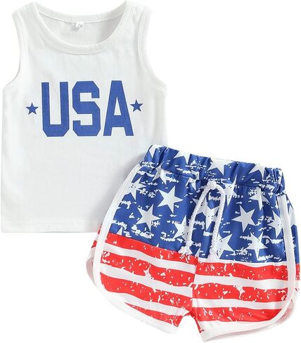 FYBITBO Baby Boy Summer Clothes Toddler 4th of July Outfit Boy Usa Sleeveless Shirt Tank Top Stars Stripes Shorts Set in Saudi Arabia
