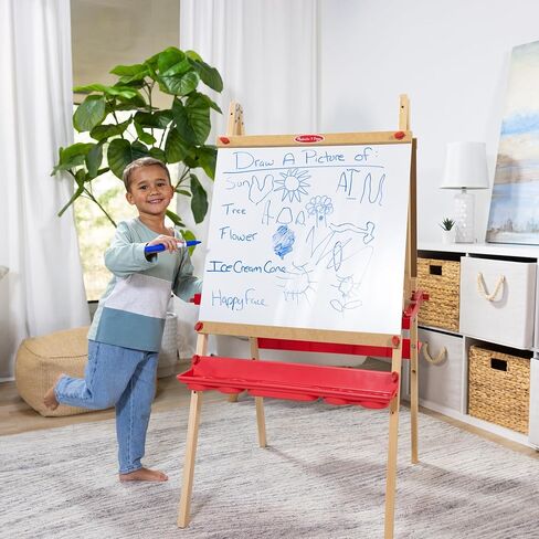 Melissa & Doug Deluxe Magnetic Standing Art Easel With Chalkboard, Dry-Erase Board, and 39 Letter and Number Magnets - FSC Certified in Saudi Arabia
