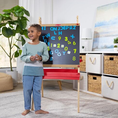 Melissa & Doug Deluxe Magnetic Standing Art Easel With Chalkboard, Dry-Erase Board, and 39 Letter and Number Magnets - FSC Certified in Saudi Arabia