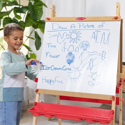 Melissa & Doug Deluxe Magnetic Standing Art Easel With Chalkboard, Dry-Erase Board, and 39 Letter and Number Magnets - FSC Certified in Saudi Arabia