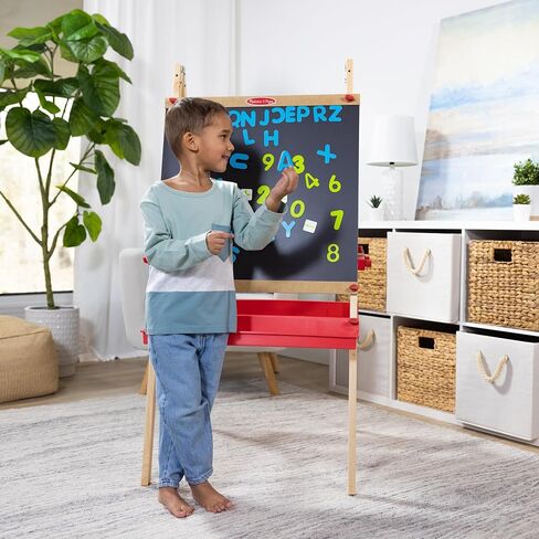 Melissa & Doug Deluxe Magnetic Standing Art Easel With Chalkboard, Dry-Erase Board, and 39 Letter and Number Magnets - FSC Certified in Saudi Arabia
