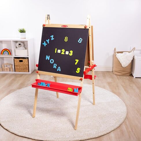Melissa & Doug Deluxe Magnetic Standing Art Easel With Chalkboard, Dry-Erase Board, and 39 Letter and Number Magnets - FSC Certified in Saudi Arabia