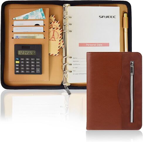 SAYEEC A5 Multifunctional Zippered Notebook Portable Travel Portfolio Inner Pocket Business 6Ring Binder Meeting Padfolio Folder Loose leaf Notepad with Calculator Pen Holder for Men&Women Gift in Kuwait