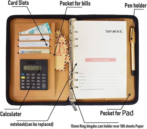 SAYEEC A5 Multifunctional Zippered Notebook Portable Travel Portfolio Inner Pocket Business 6Ring Binder Meeting Padfolio Folder Loose leaf Notepad with Calculator Pen Holder for Men&Women Gift in Kuwait