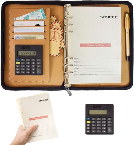 SAYEEC A5 Multifunctional Zippered Notebook Portable Travel Portfolio Inner Pocket Business 6Ring Binder Meeting Padfolio Folder Loose leaf Notepad with Calculator Pen Holder for Men&Women Gift in Kuwait