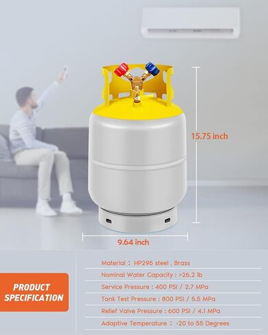 Refrigerant Recovery Cylinder Tank 30 LB Capacity Y-Valve Liquid/Vapor Recovery Can Reusable Save without Float Switch for R22/R134A/R410A Gray Yellow in Saudi Arabia