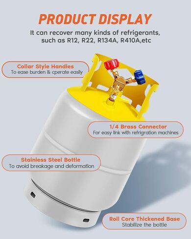 Refrigerant Recovery Cylinder Tank 30 LB Capacity Y-Valve Liquid/Vapor Recovery Can Reusable Save without Float Switch for R22/R134A/R410A Gray Yellow in Saudi Arabia
