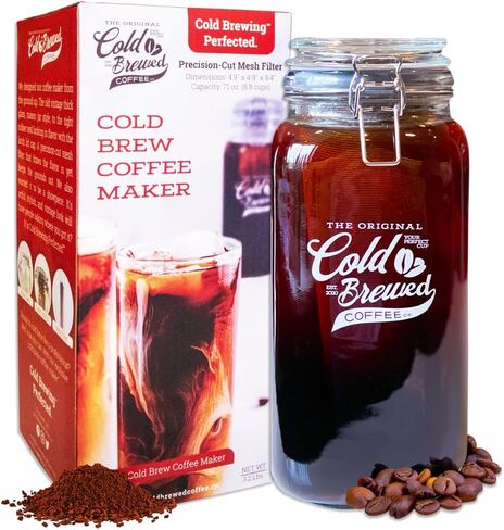 ماكينة تحضير القهوة الباردة من شركة The Original Cold Brewed Coffee Co. - وعاء ماسون أنيق عتيق بسعة 2 لتر، وفلتر مقطوع بدقة وغطاء مزلاج. in Saudi Arabia